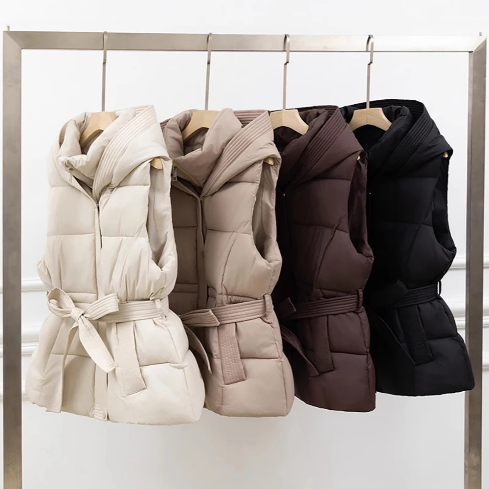 

Cotton Vest Women Winter Outerwear 2025 Puffer Parkas Windproof Thick Hooded Warm Waistcoat with Belt Sleeveless Cotton Jackets