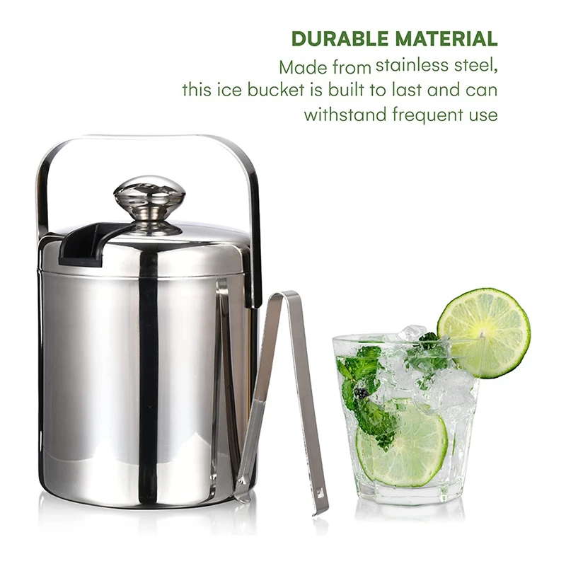 Insulated Ice Bucket With Lid - Double-Walled Ice Bucket With Ice Tongs Compartment- Ice Cube Container Buckets