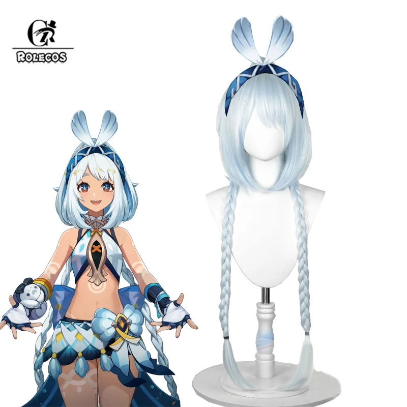 Game Genshin Impact Mualani Cosplay Wigs Mualani 100cm Blue Mixed White Ponytail Cos Wig 2026 Heat Resistant Synthetic Hair