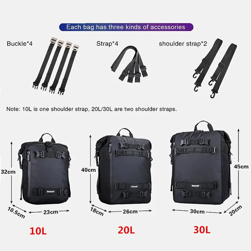 10L/20L/30L Motorcycle Rear Seat Bag Waterproof Saddle Pannier Side Bag Motocross Riding Travel Luggage Backpack Black