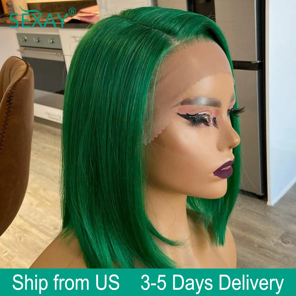 

Dark Green Short Bob Wig Transparent Lace Front Human Hair Wigs Brazilian Turquoise Colored 13x4 Ear to Ear Lace Frontal Wig