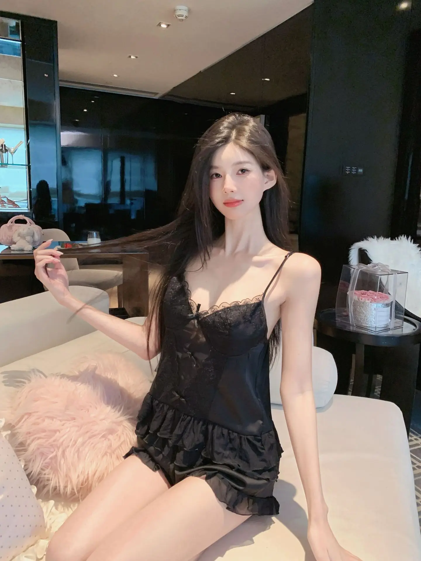 Summer skin friendly, breathable, sexy, pure desire lace home suit set, women's cool pajamas, suspender shorts, ice silk pajamas