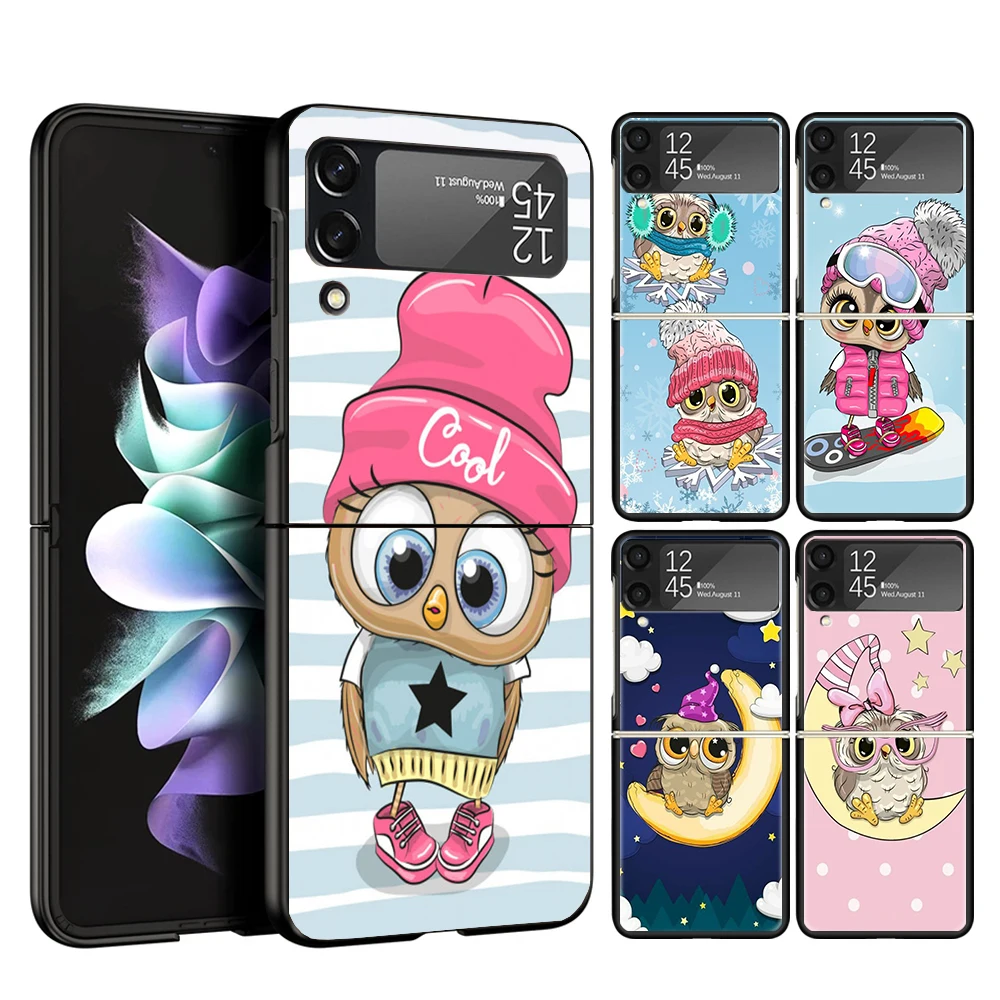 Cartoon Cute Owl LoveLy Case Phone Cover for Samsung Galaxy Z Flip 6 5 4 3 5G ZFlip6 ZFlip5 ZFlip4 ZFlip3 Black Hard Trend Funda