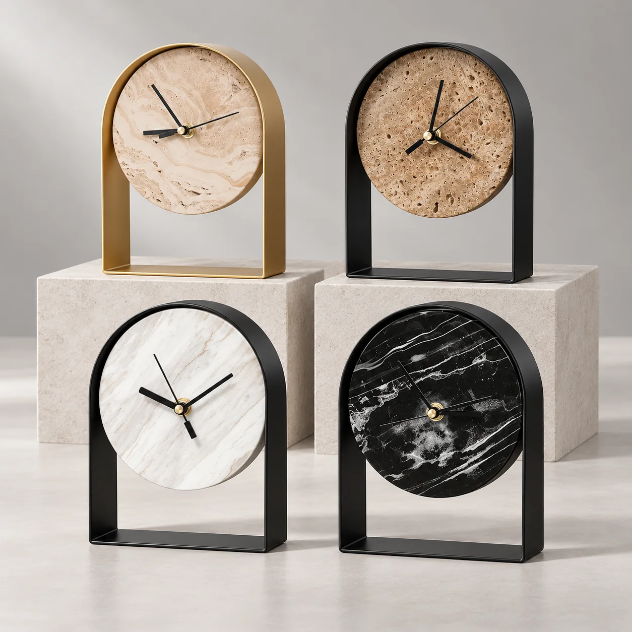 Natural Stone Desk Clock Modern Travertine Marble Table Clock Metal Arch Frame Luxury Home Office Shelf Decor Gift