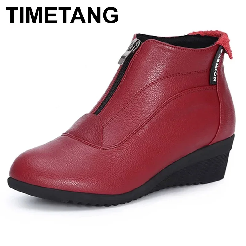 TIMETANG Women Zipper Ankle Boots Ladies Warm Winter Short Plush Short Boot Female Non Slip Pu Leather Shoes Comfort Soft Shoe