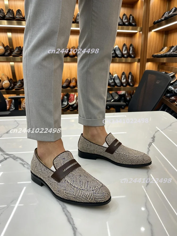 Straw Woven Herringbone Loafers Slip On Round Toe Faux Leather Strap Patchwork Handmade Breathable Casual Dress Shoes for Men