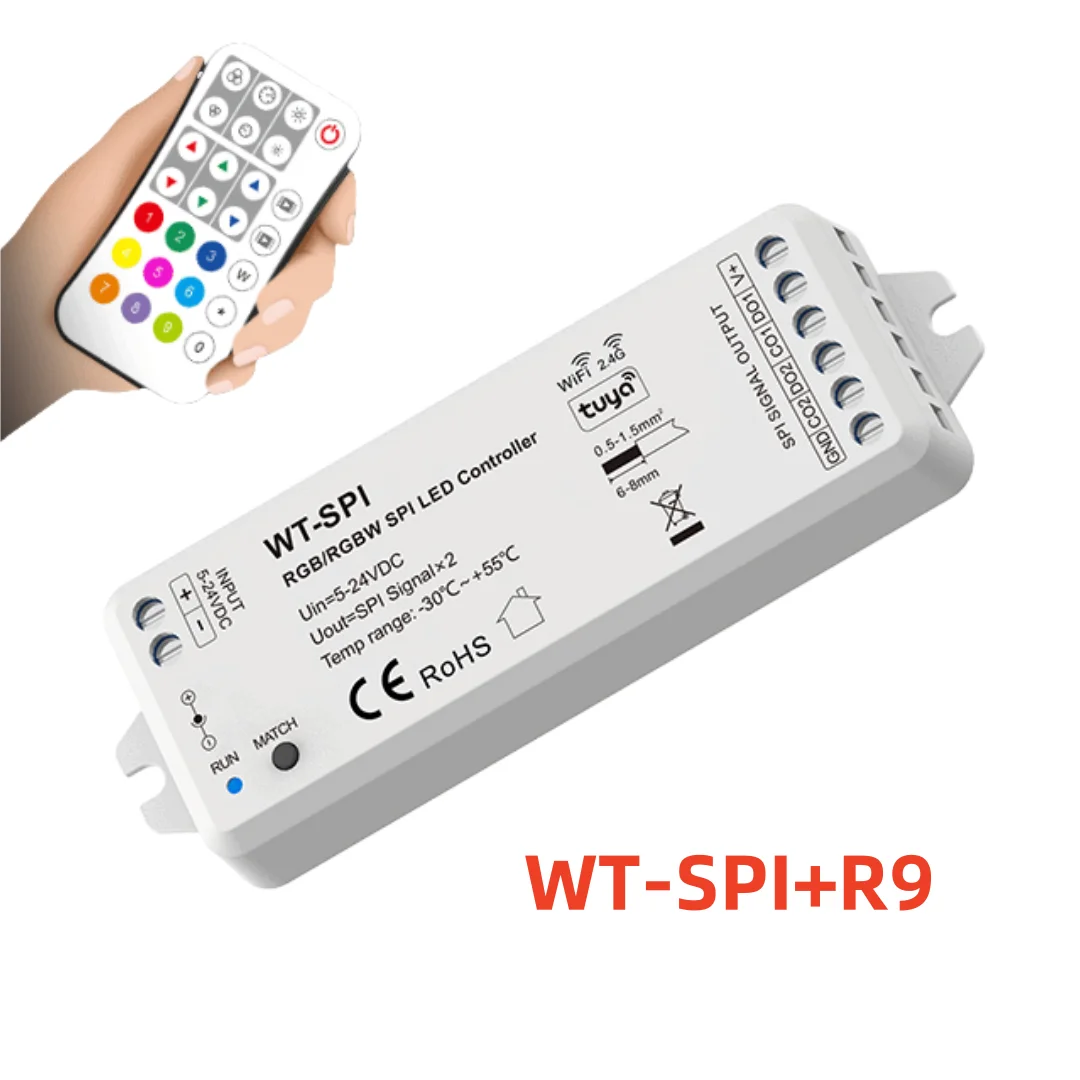 5V-24V Skydance Music WiFi + 2.4G RF RGB/RGBW Pixel IC SPI LED Controller Tuya WT-SPI R9 Remote for WS2812 Ws2811 LED Strip Module