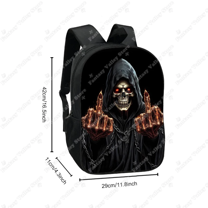 2pcs / Set  Funny Grim Reaper Skull Middle Finger Pattern Backpack and Pencil Bag Rucksack School Bag Daypack Book Bag