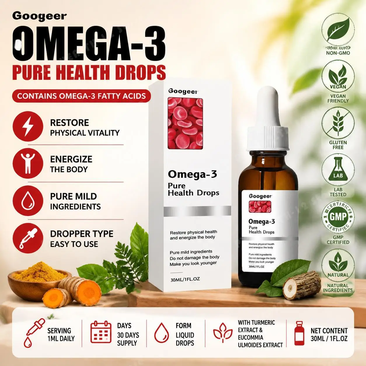Googeer Omega-3 Turmeric Eucommia Saponin Liquid Drops 30ml Plant Based Vegan Non-GMO Botanical Extract Daily Wellness Support