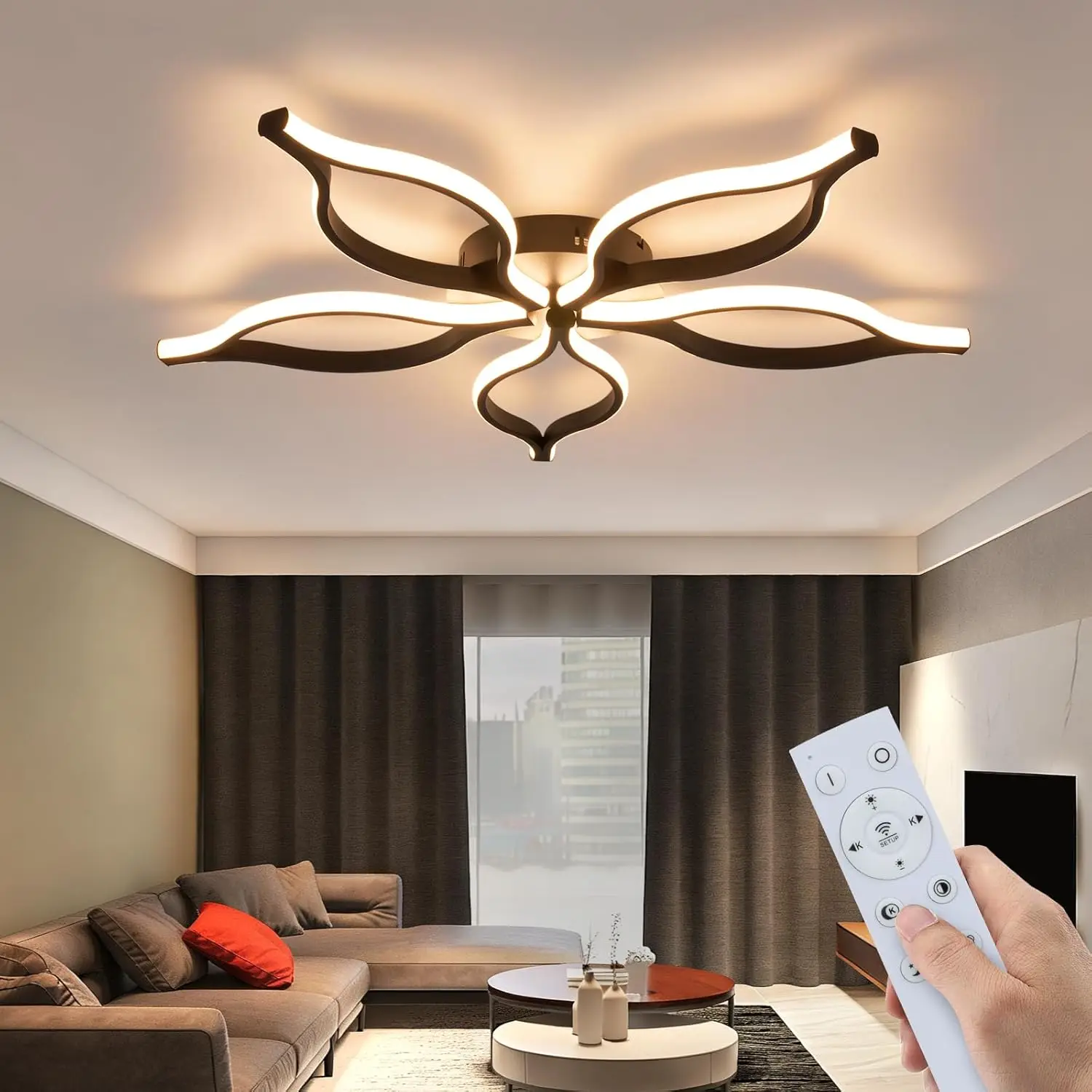 GBLY 75W 80cm schwarze dimmbare LED-Deckenleuchte mit 5 Blütenblättern und Fernbedienung, 3000K-6500K, für Wohnzimmer, Schlafzimmer, Esszimmer