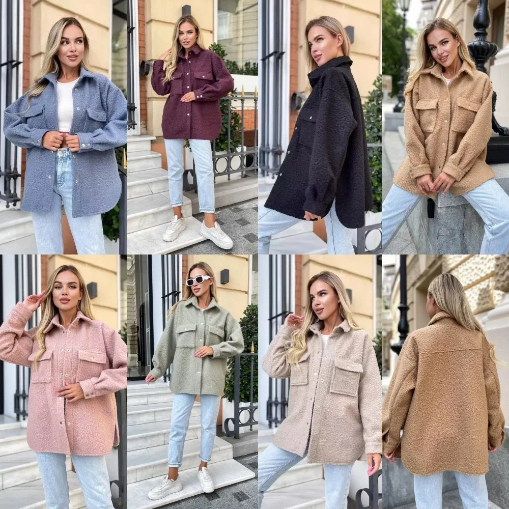 Осенне-зимняя однобортная утолщенная однотонная рубашка с лацканами, женская шерстяная свободная куртка, шерстяная женская шерстяная куртка