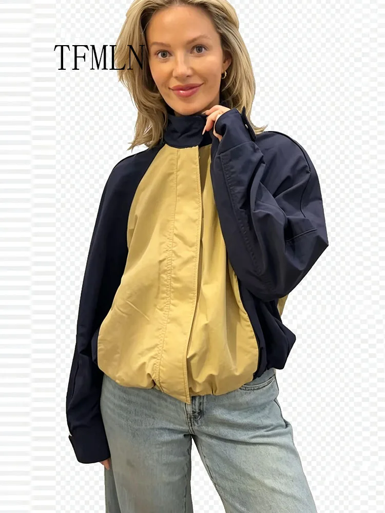 TFMLN Causal Women Patchwork Loose Jackets Fashion Zipper Drawstring Sports Coats High Street Ladies Daily Outwear 2026 Autumn