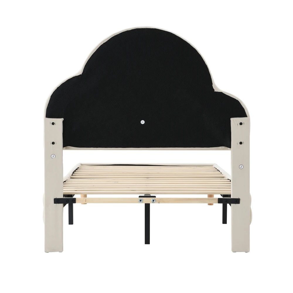 PINGGO Beige Samt Einzelbett 90x200cm Wolkenförmiges Kopfteil Farbwechsel-LED-Streifen Holzlatten Kinderbett Ohne Matratze – Detail 13