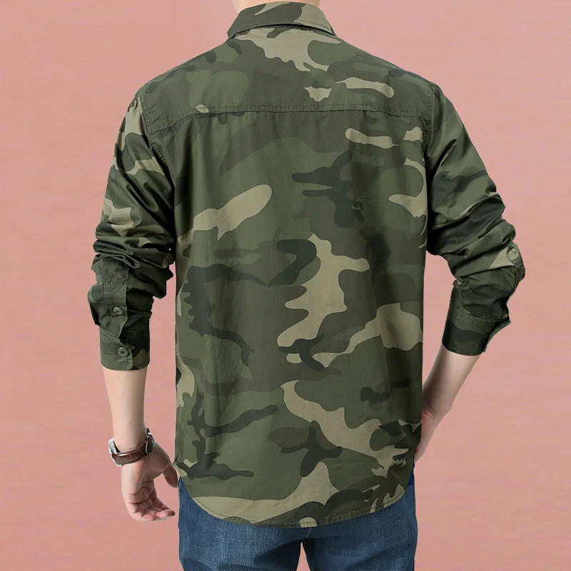 Men\'s Camouflage Tactical Shirts Cotton Relaxed Fit Long Sleeves Work Shirts With Pockets Outdoor Button Tops Shirt