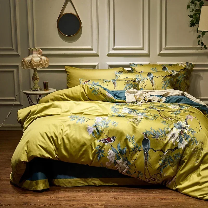 Yellow Silky Egyptian cotton Chinoiserie style Birds Plant Duvet Cover Super US King Queen Size Bedding Set 4Pcs