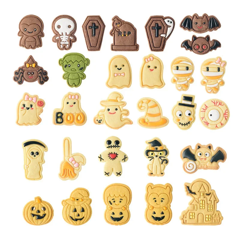 Cartoon Halloween Fondant Frosting Cookie Embosser Mold Cute Bat Ghost Skull Pumpkin Pattern Cookie Cutter Cake Stamps Moulds