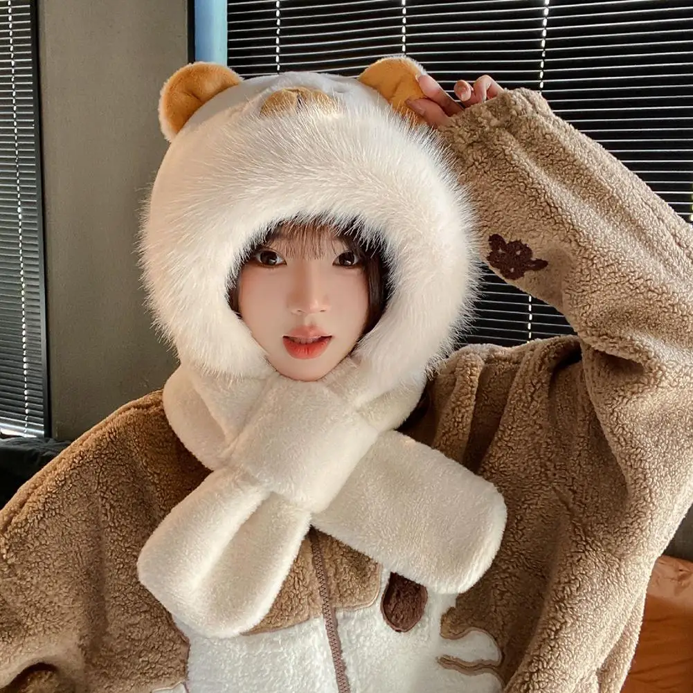 مجموعة قفازات وشاح قبعة كابيبارا 3 في 1 عصرية للنساء، إكسسوارات شتوية لطيفة منفوشة وفراء كرتونية، وشاح بغطاء للرأس دافئ للأذن #6