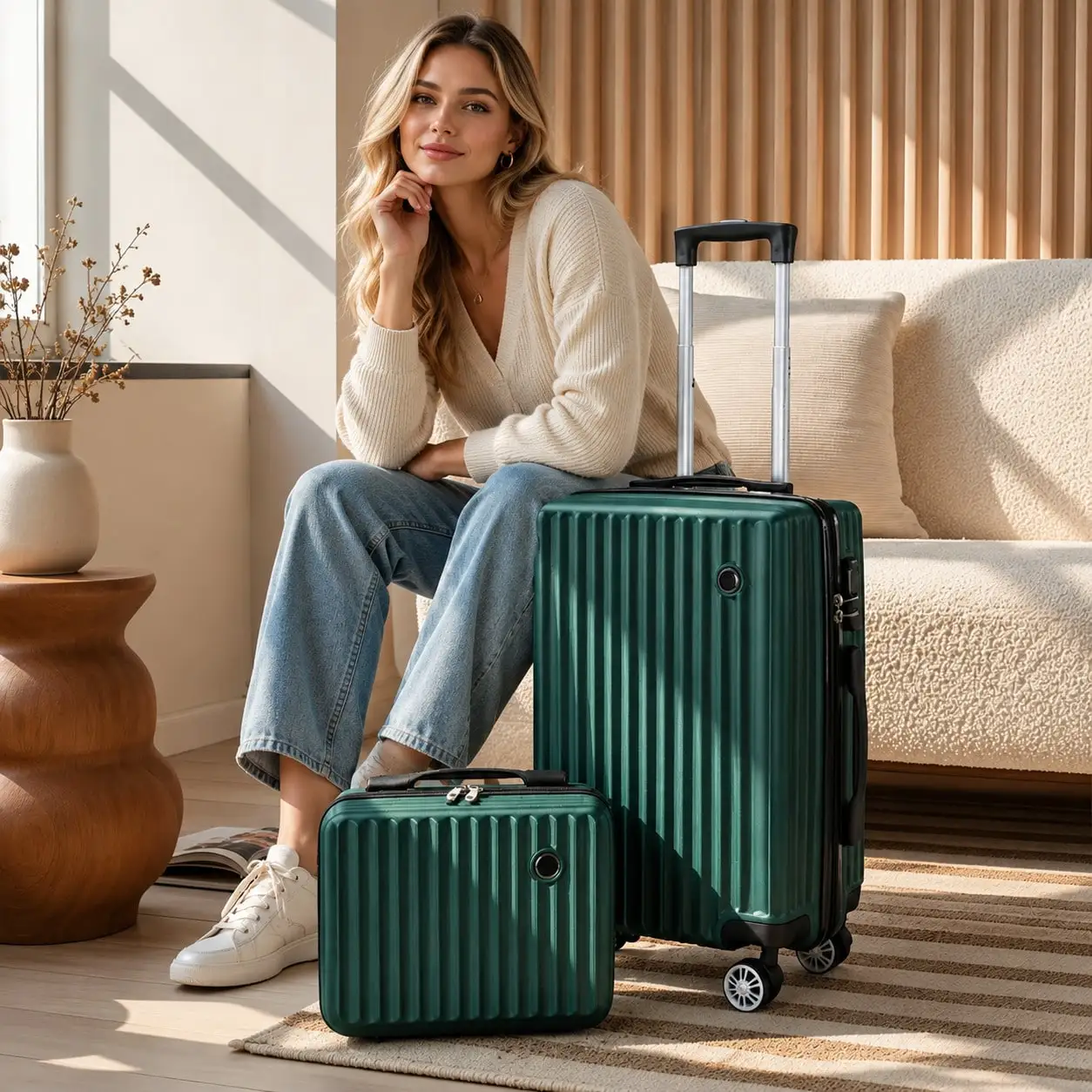 Premium 2-Piece Carry-On Luggage Set, Hard Shell Suitcase With Matching Vanity Case, Lightweight Travel Luggage With Spinner Wheels &Adjustable Handle