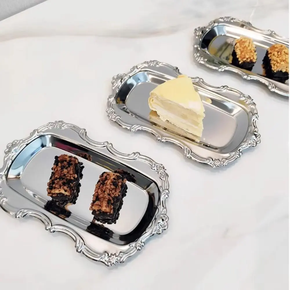European Style Vintage Embossed Tray Gold/Silver Sturdy Retro Serving Platter Embossed Design Stainless Steel