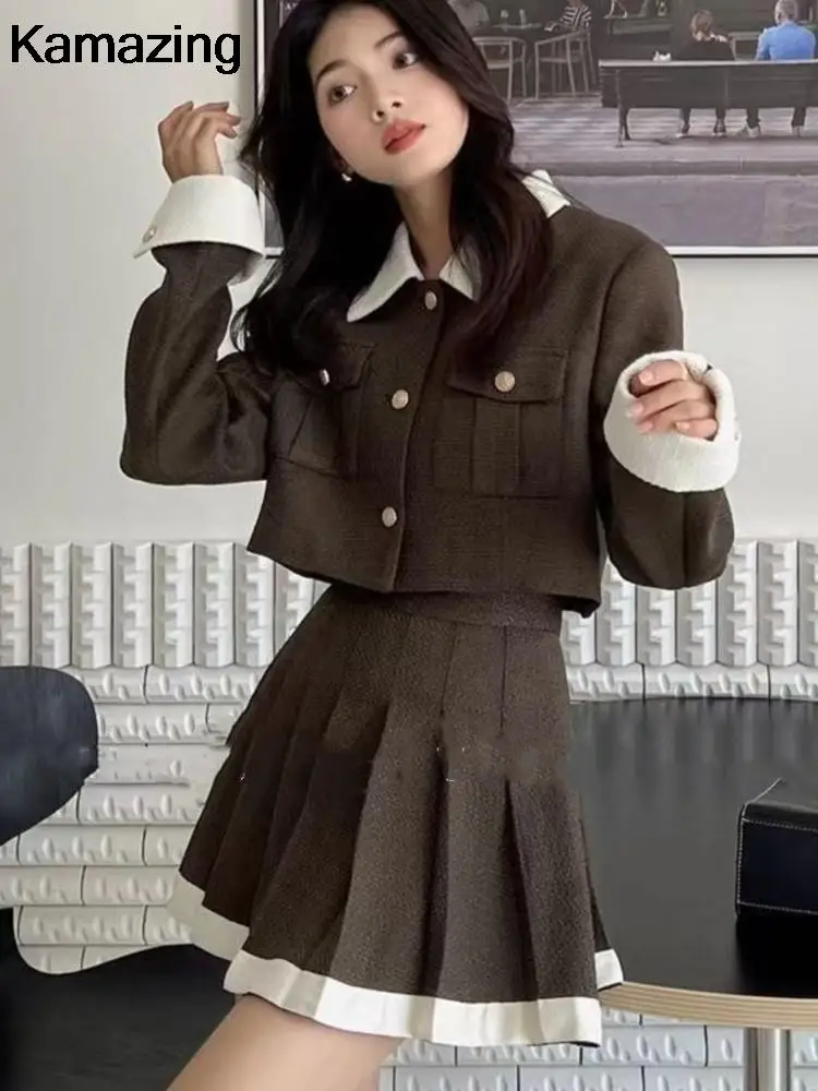 Korean Chic Two-piece Skirt Sets Patchwork Long Sleeves Cropped Top High Waist Pleated Mini Skirt Autumn Winter Y2K New Outfits