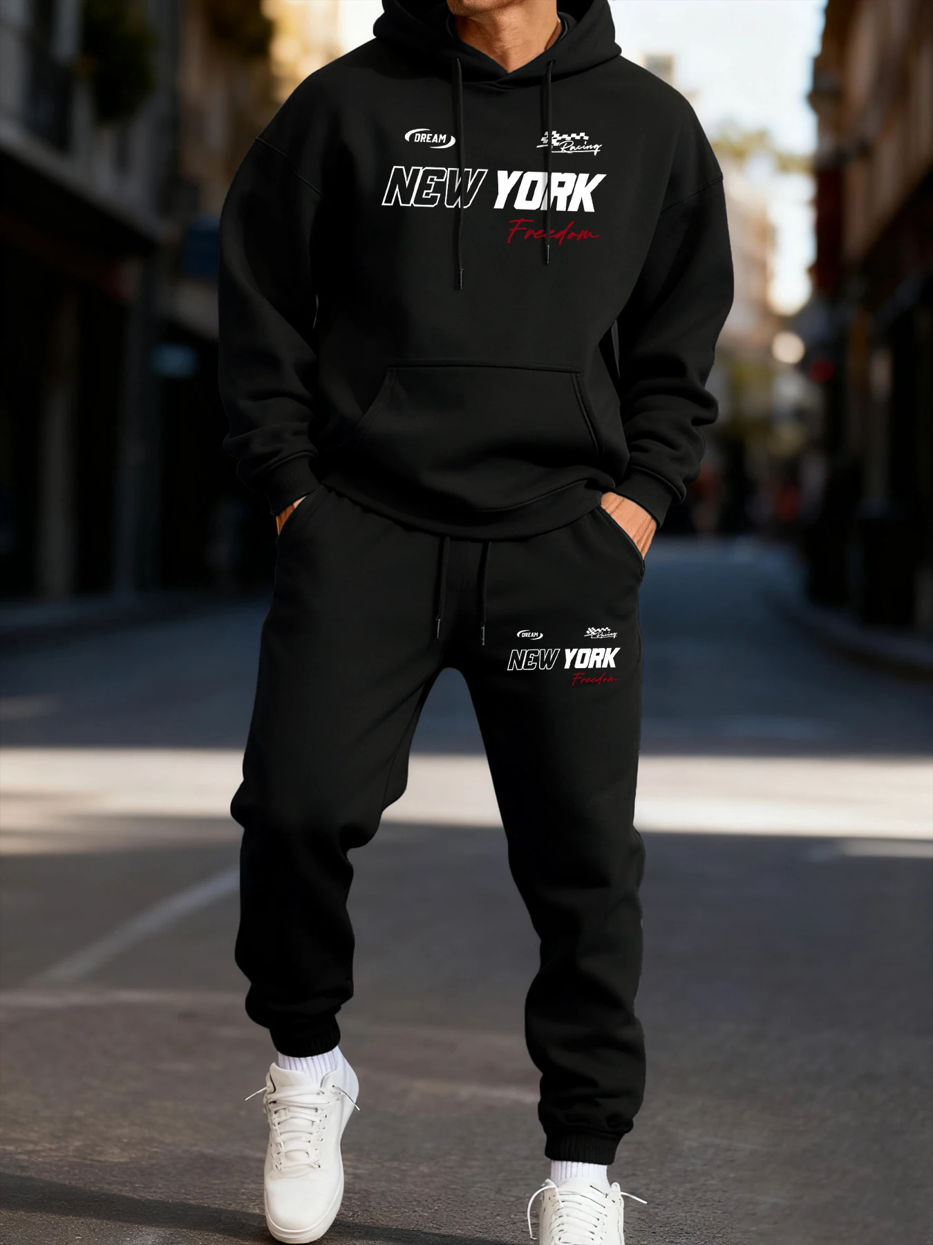 

New York Dream Freedom Letter Printing Men'S Hoodie Set Fashion Jogging Two Pices Sets Loose Pocket Hoody Fleece Autumn Pants