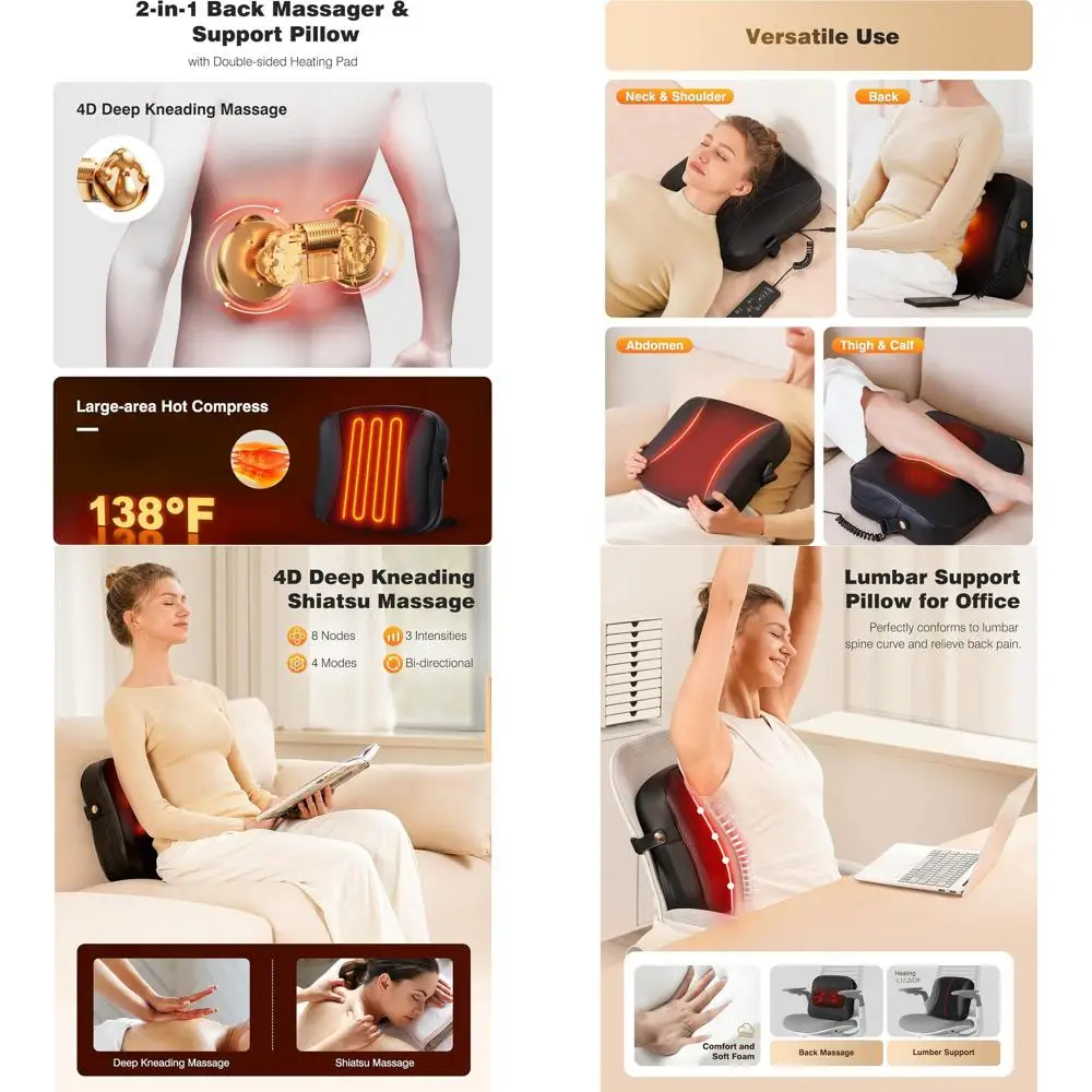 

Массажер Шиацу с подогревом для снятия боли в шее и плечах - 3D-подушка для поддержки поясницы с функцией разминания для комфорта