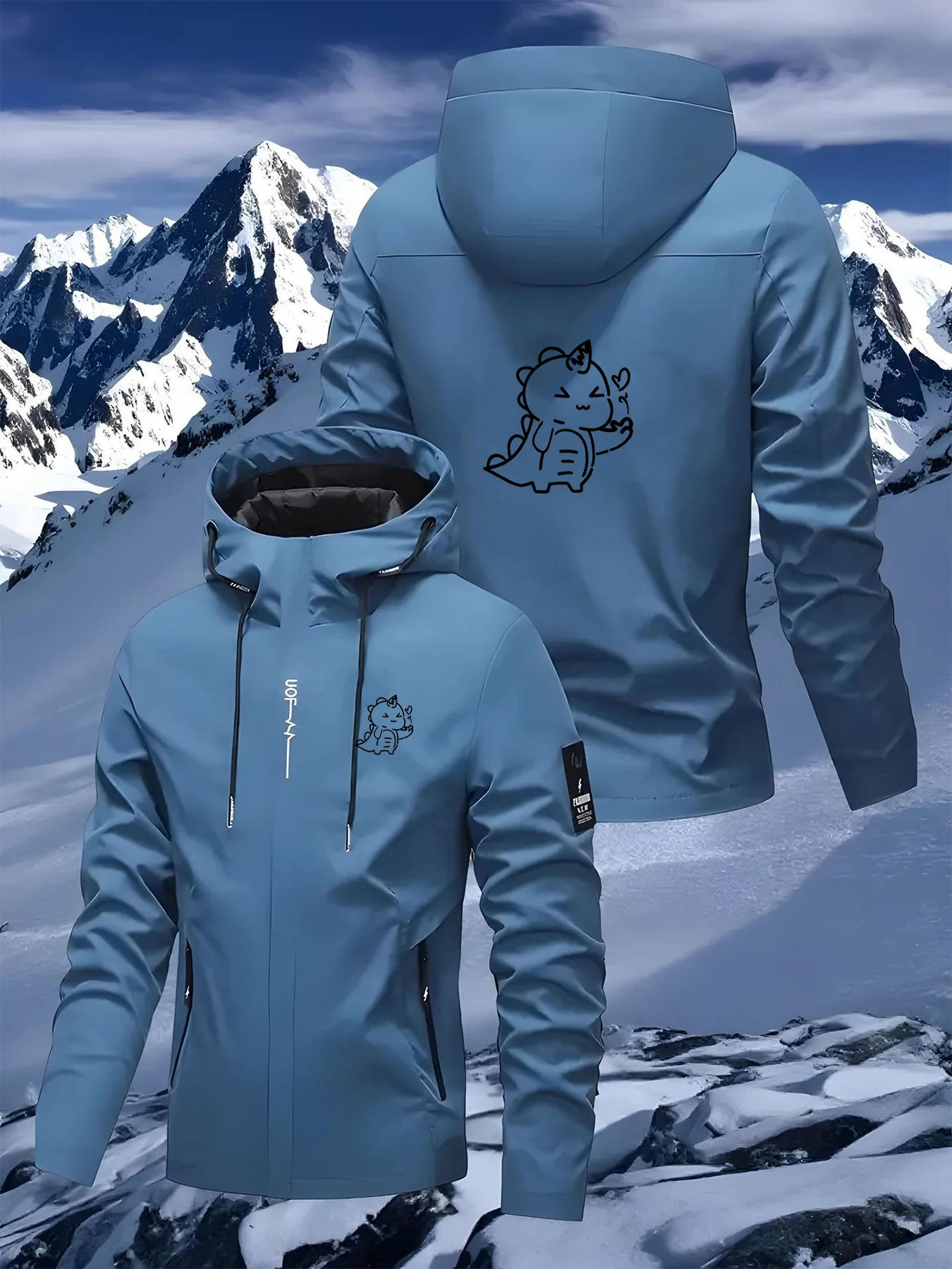 Men's casual jacket with small dinosaur print design, versatile for outdoor activities in spring, autumn, and winter for couples