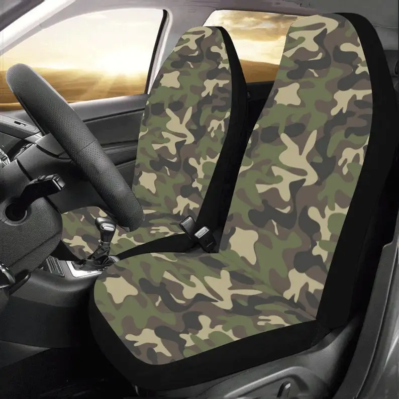 Green Camo Car Seat Cover, Army Brown Camouflage Front Seat Covers (Set of 2), Dog Seat Protectors  SUV Truck