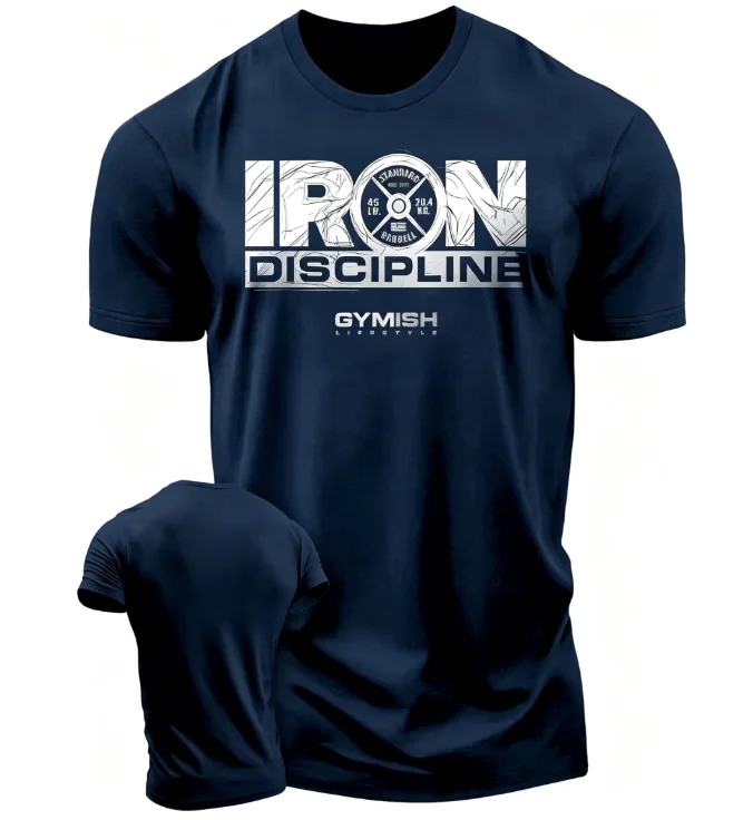 2026 Men Iron Discipline Gym Graphic T Shirt Weight Plate Print Short Sleeve Crewneck Fitness Workout Tee