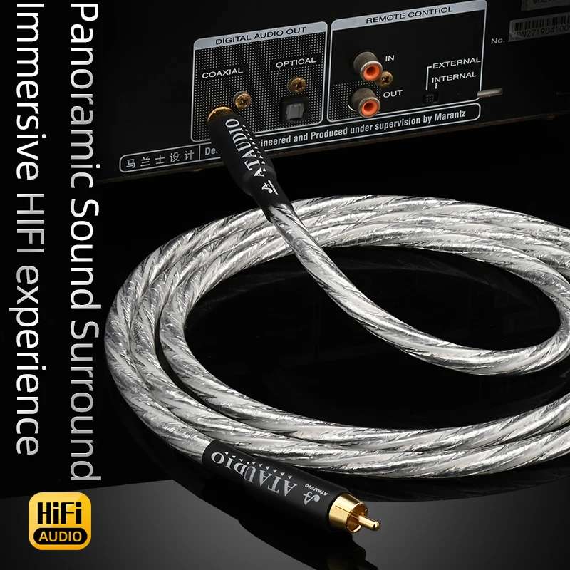 ATAUDIO OCC Silver‑Plated 75Ohm HiFi RCA Coaxial Cable With RCA to RCA Male Connector For Television Amplifier