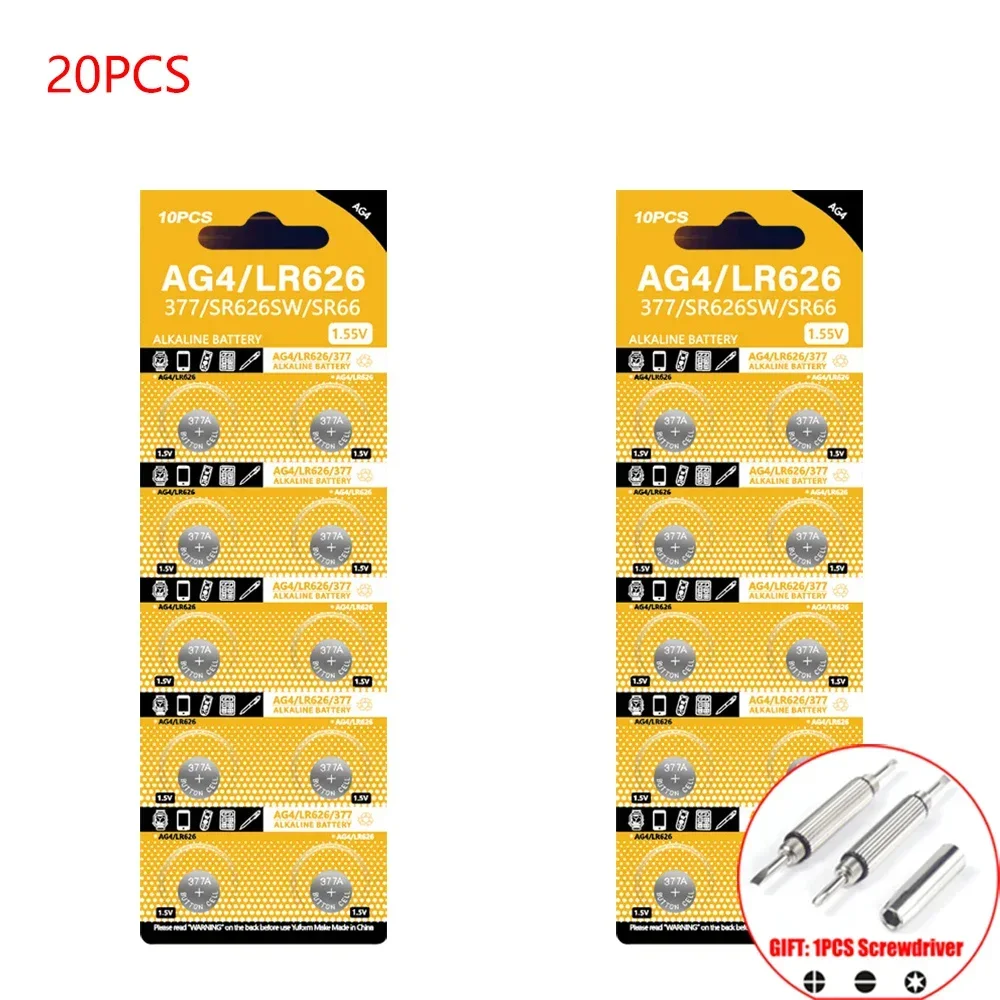 20PCS AG4 LR626 1.55V Alkaline Watch Battery 377 SR626 177 626A 377A CX66W For Toy Calculator Car Key Clock Button Cell