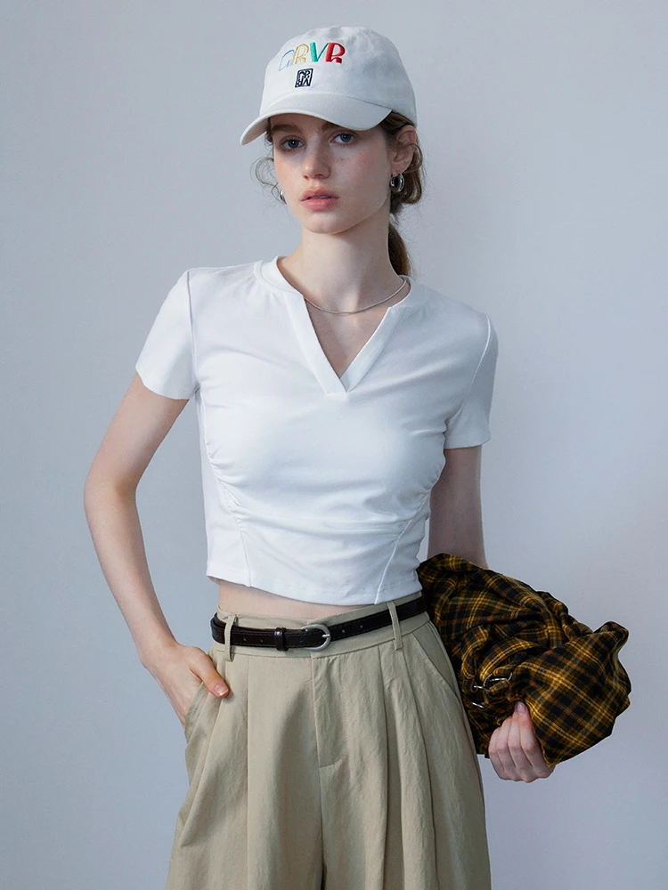 

EGGKA Color V-Ne ort irt Женский повседневный простой мягкий универсальный облегающий круглый топ с застежкой на талии