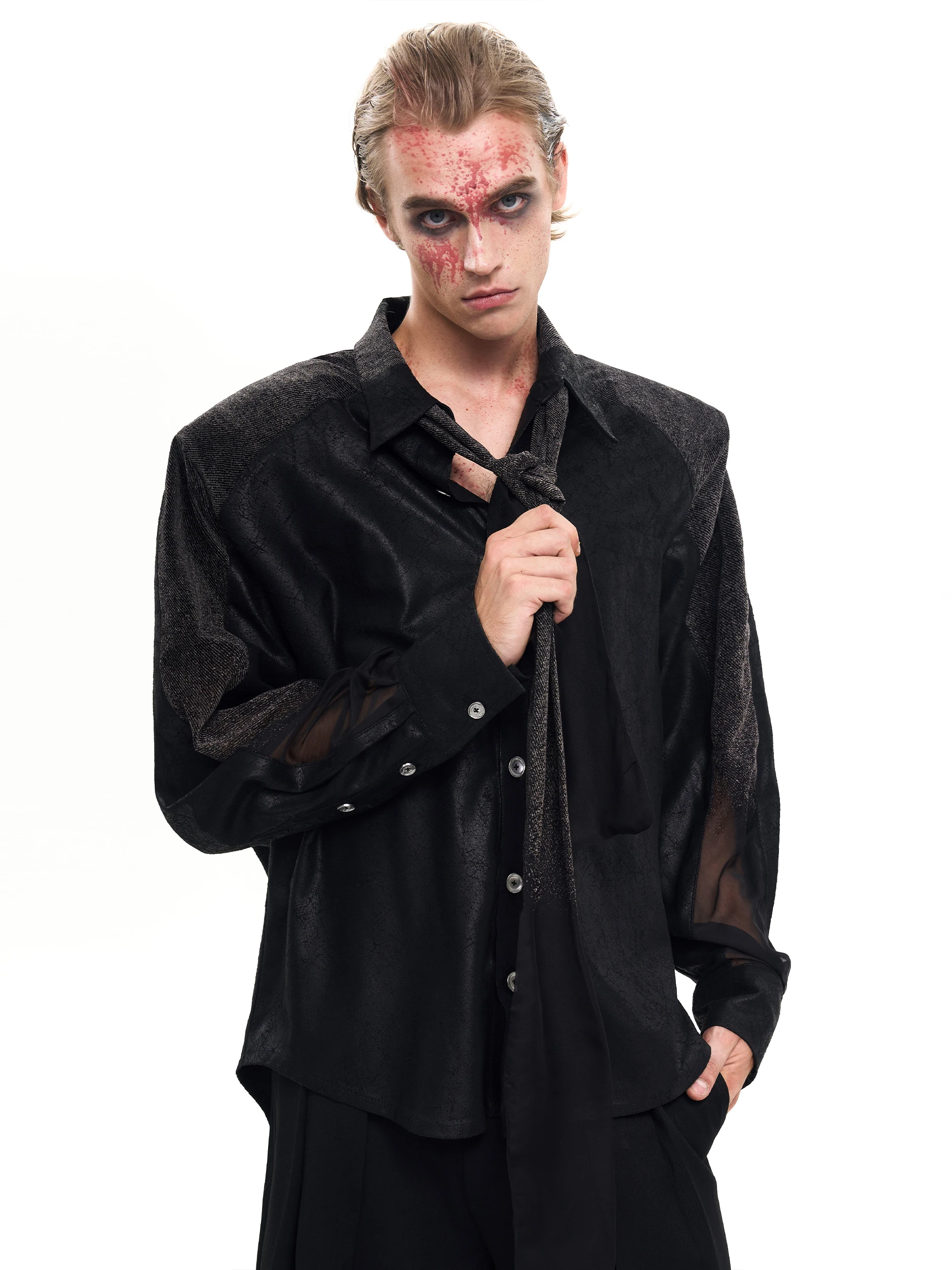 Men's 2025 Autumn New Trendy Handsome Mesh Gauze Tops Shoulder Padded Loose Comfort Shirts Men's High-end Tie Long-sleeve Shirts