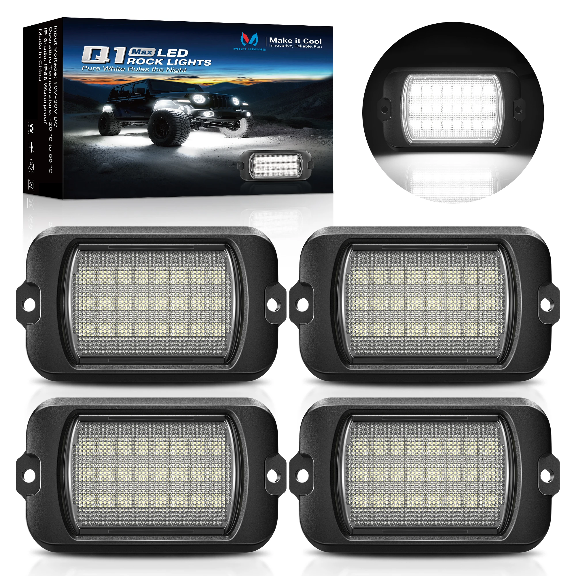 MICTUNING Q1 MAX White Rock Lights With a 160° Ultra-Wide 4 Pods Underglow Lights Compatible for Car Truck Offroad Boat 12V-24V