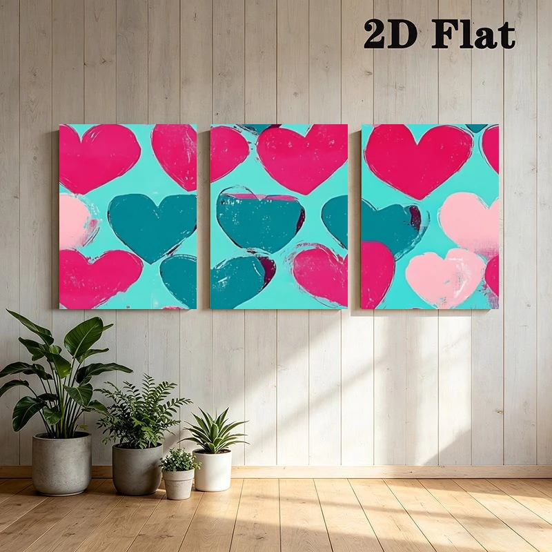 2D Flat, 3pcs Colorful Heart Pattern Wall Art Prints, Pink, Blue and Light Pink Hearts Arrangement, Frameless Poster Prints f