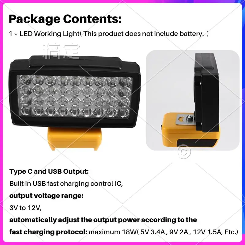 

AUU-36 LED Flashlight Torch Car Work Light USB Power Bank For 18V 20V Battery Lamp