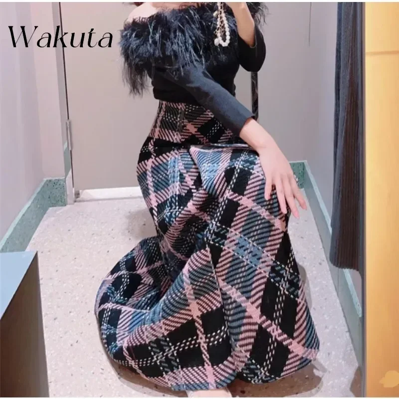 WAKUTA Japanese Retro High-waisted Faldas Plaid A-line Skirts Autumn/Winter Casual Versatile Wool Tweed Yarn Thin Skirts 니트 스커트