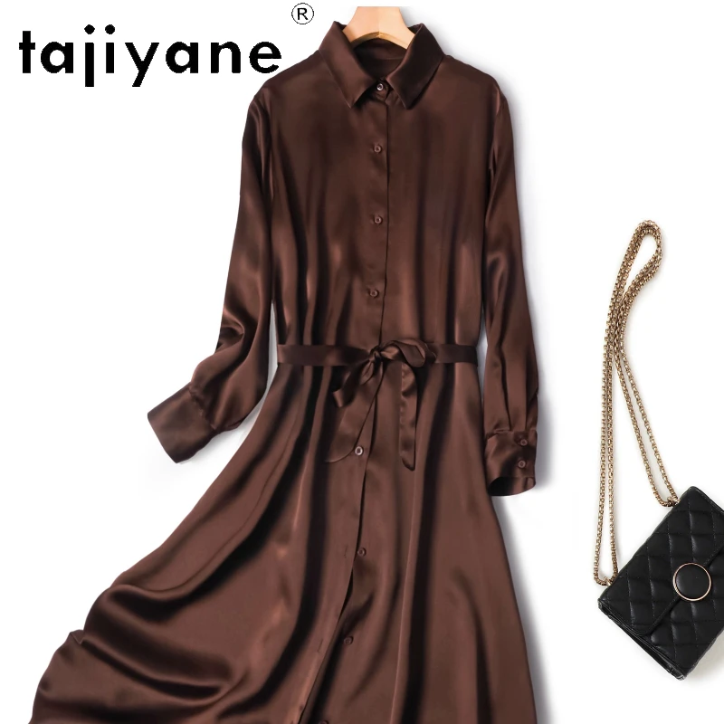 

Tajiyane 100% Mulberry Silk High End Spring and Summer POLO Collar Fashion Solid Color Silk Long Sleeved Shirt Women's Dress