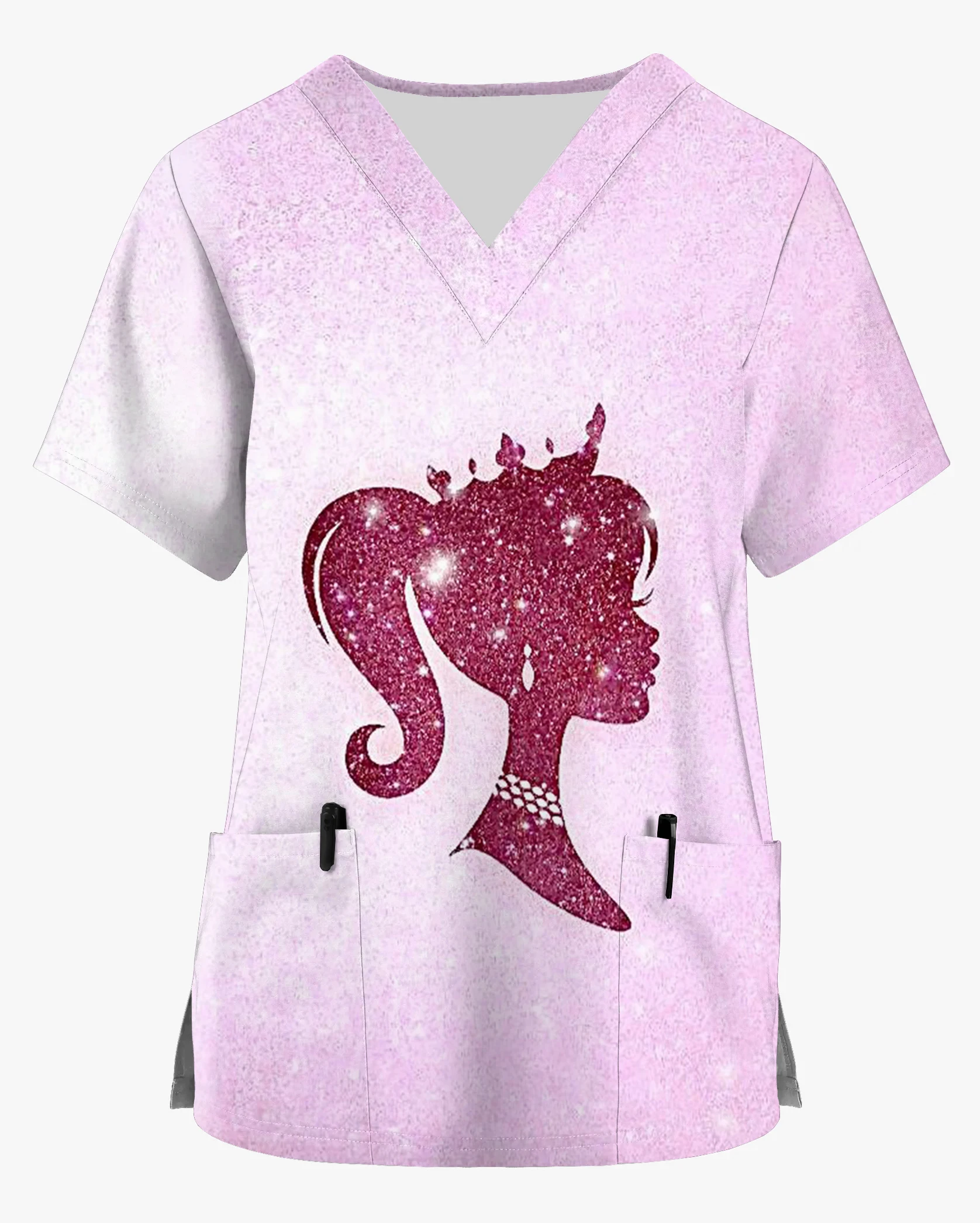 Barbie Nursing Work Clothes Tops Nurse Uniform Women Fashion V-Neck Print Scrub Top Beauty Salon Uniform Medical Uniform