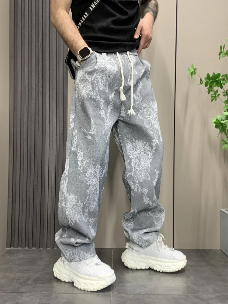 

Men's Summer New Vintage High-End Straight Floral Loose Personal Style Trendy Casual Pants