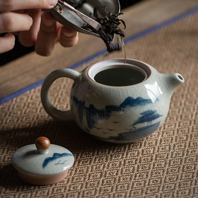 Chinese Style Ceramic landscape painting Ice Crack Teapot, Creative Porcelain Kung Fu Teaware, Home Indoor Supplies Tea Cup, 1Pc