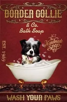 Metal Sign Border Collie Dog Bath Soap Sign Vintage Signs Retro Aluminum Tin Sign for Kitchen Home Office Bar Cafe Decor 8x12 In