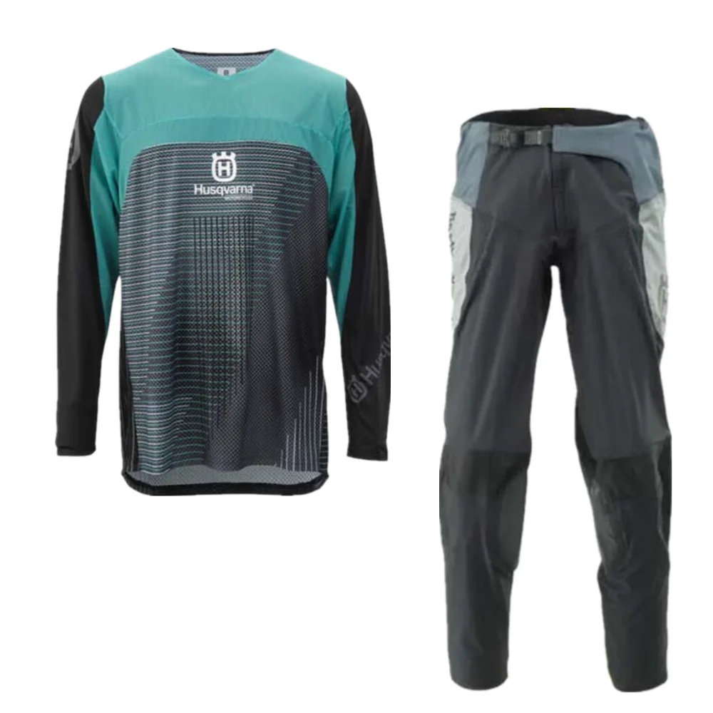 Husqvarna-Terno de moto sujeira, conjunto de engrenagens motocross, topo, combo moto off road, camisa azul e calças moto, 2019, 2022