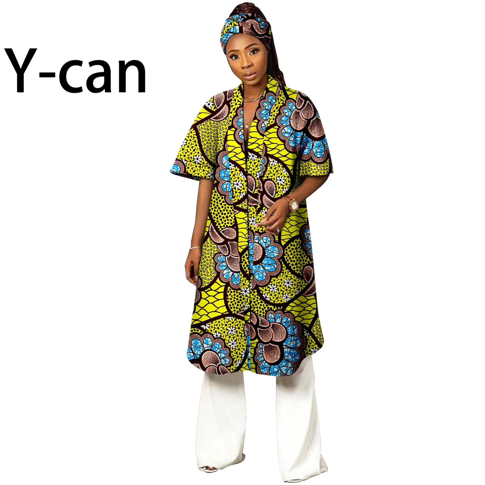 

African Women Jacket Traditional Ankara Print Half Sleeve V-neck Long Coat Lady Dress Causal Party African Style Y2324001