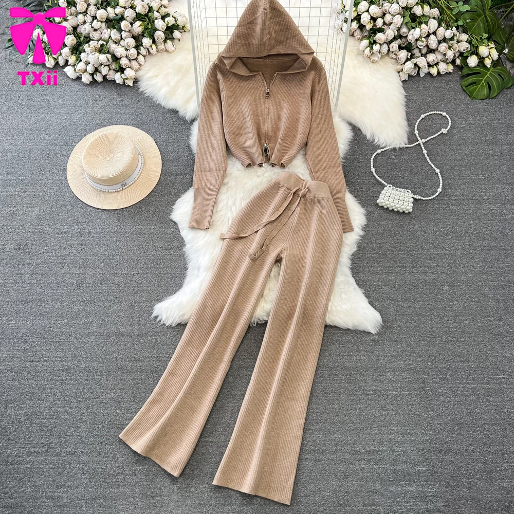 Fashion suit women's Korean version long sleeved zipper hooded slim knit sweatshirt jacket 2-piece set high waist wide leg pants