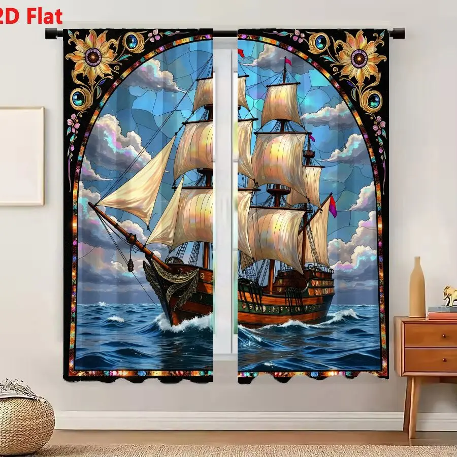 2Pcs Curtains 2D Flat Tall Sailing Ship Galleon On Bright Blue Ocean With White-Capped Waves Stained-Glass Style Whimsical Adven