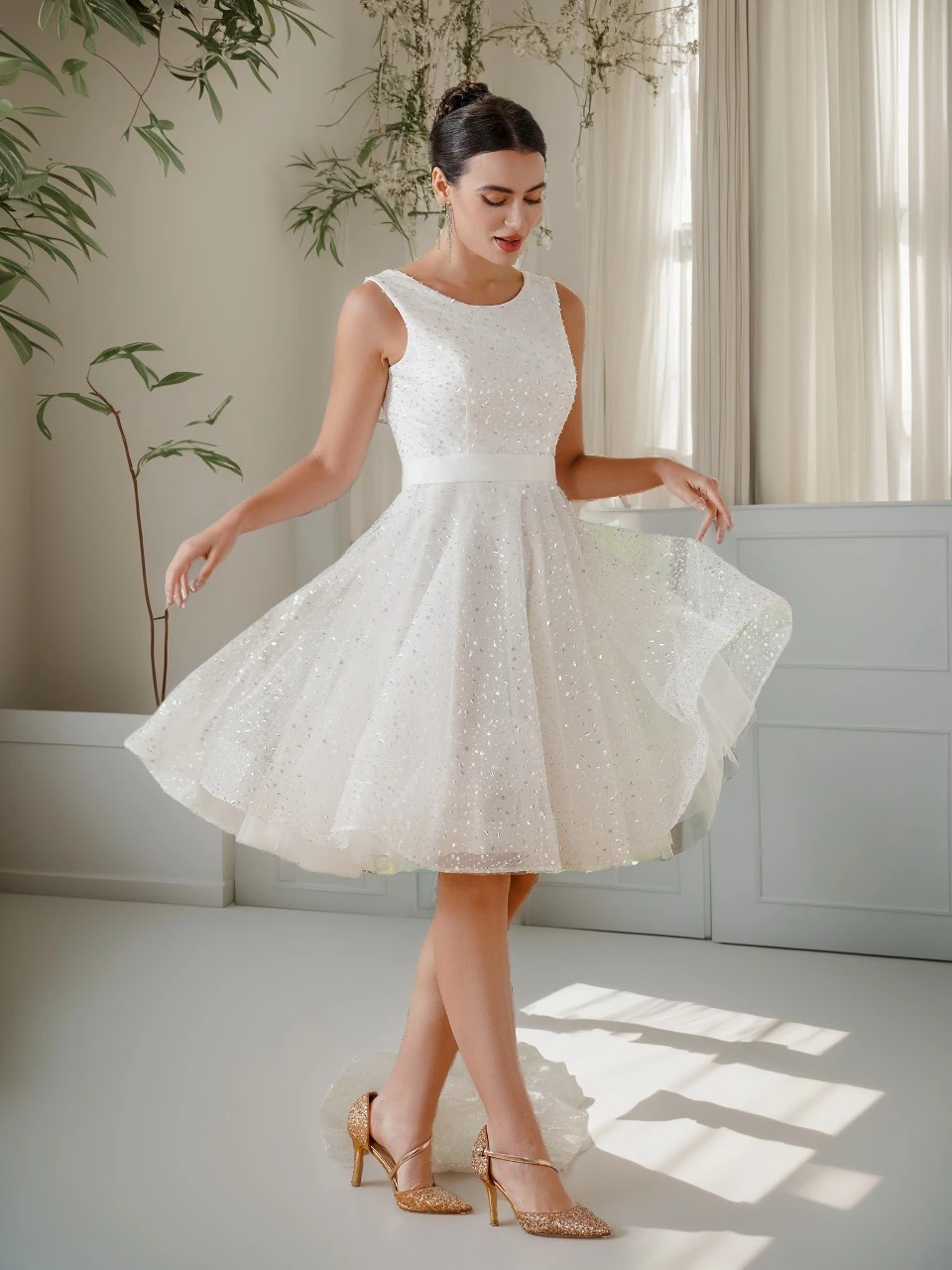 

MisShow Белые платья для встречи выпускников Шифоновые блестки с круглым вырезом без рукавов Бандажное коктейльное платье с открытой спиной Короткие вечерние платья для выпускного вечера