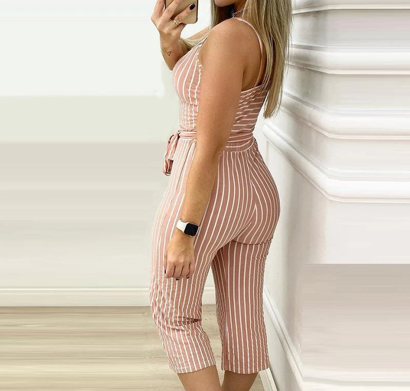 Elegant Jumpsuits Women 2024 Summer Striped Printed Spaghetti Strap Tie Details Mid Waisted Casual Vacation Skinny Crop Jumpsuit