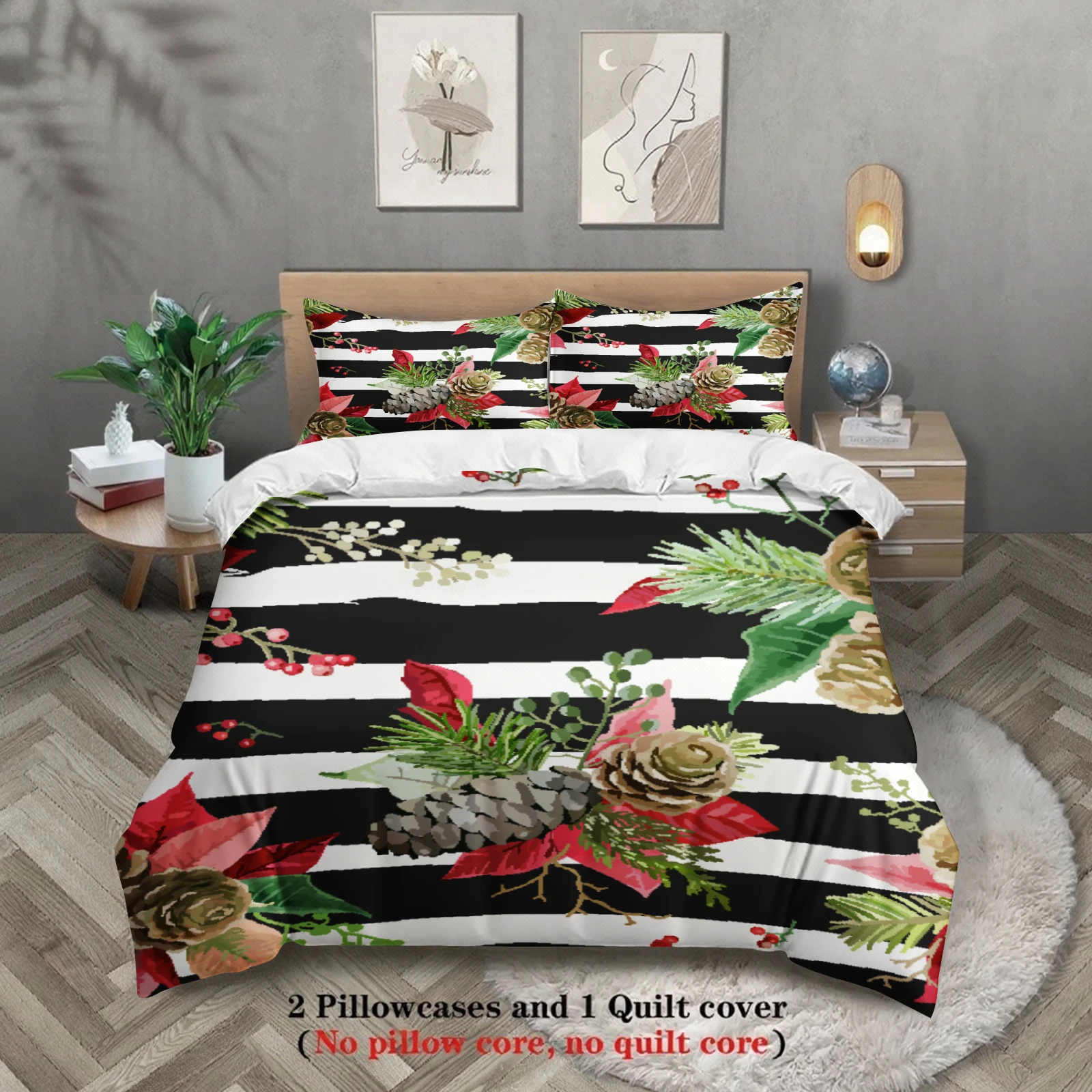 

Комплекты постельного белья Pinecone Floral (без наполнителя для подушек и одеяла), с акварельным принтом, 3 предмета, черно-белая полосатая пододеяльная наволочка полноразмерного размера