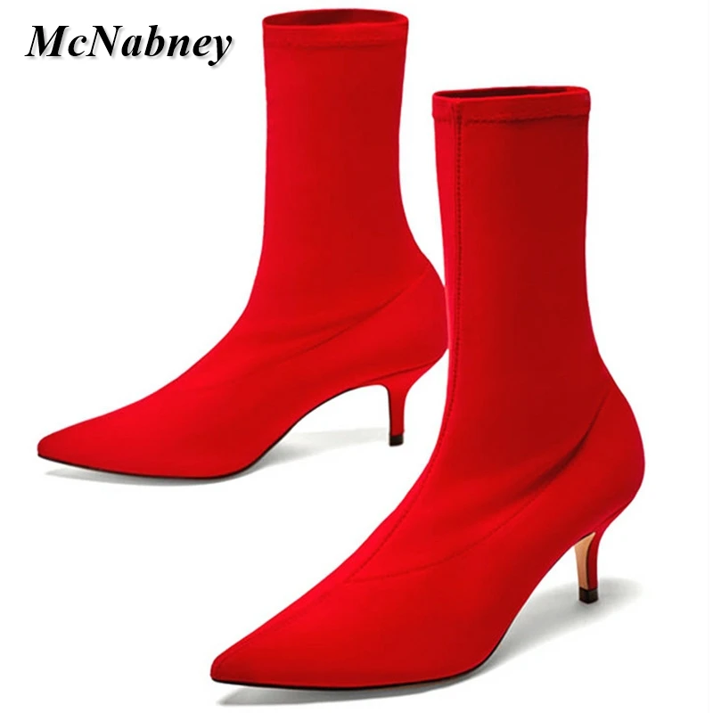 

Women Candy Color Stretch Fabric Slip On High Heels Boots Fashion Pointed Toe Autumn Winter Boots Lady Plus Size 43 Party Shoes